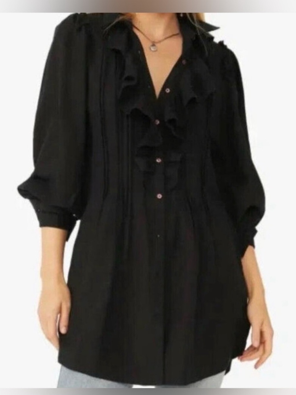 Anthropologie Free People Bella Black Ruffle M Tunic Mini dress long sleeve Boho